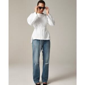 J.Crew Ciel Top Womens S White Poplin Boatneck Side Button Waist Tie Long Sleeve